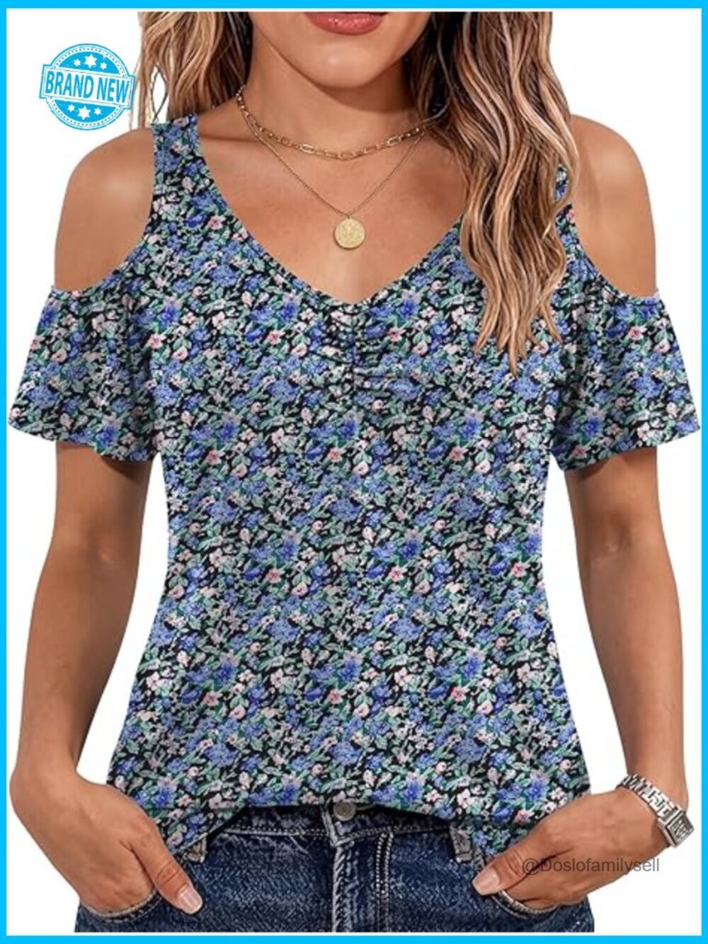 Cold Shoulder V-Neck Blouse Short Sleeve Ruffle Frill Cute Casual Going Out Top